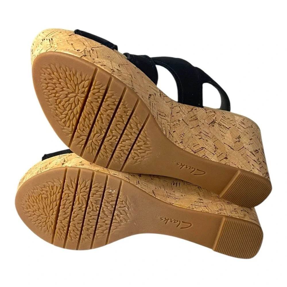 Clarks Collection Rose Erin Black Nubuck Cork Wedge Sandals – Size 6